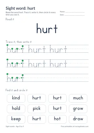 Preview of the sight word: hurt worksheet