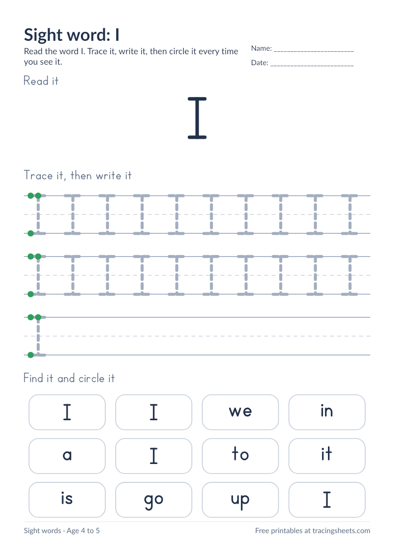 Preview of the printable sight word: i worksheet