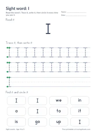 Preview of the sight word: i worksheet