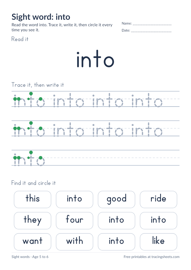 Preview of the printable sight word: into worksheet