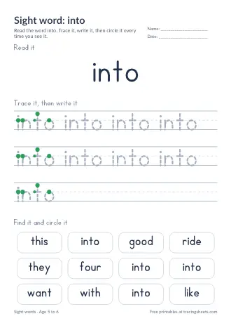 Preview of the sight word: into worksheet