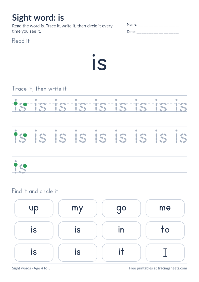 Preview of the printable sight word: is worksheet