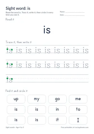 Preview of the sight word: is worksheet