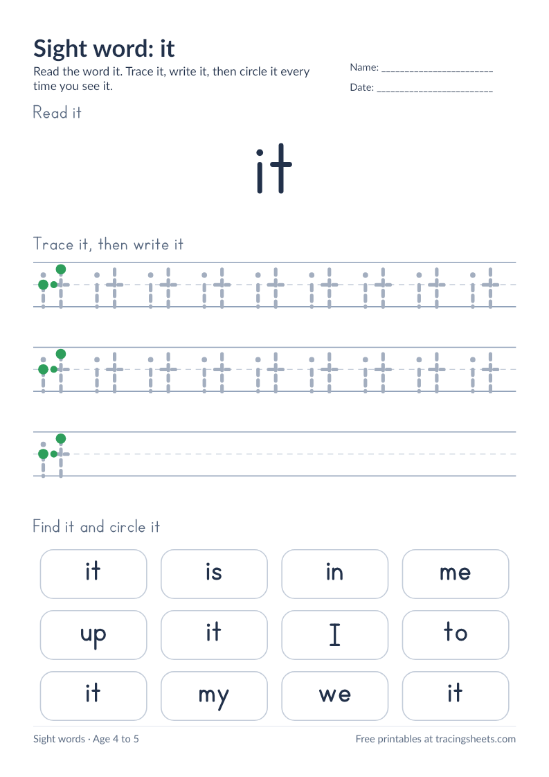 Preview of the printable sight word: it worksheet