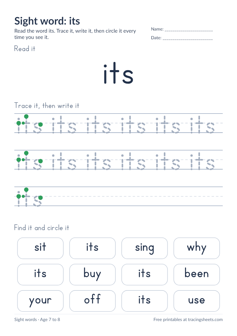 Preview of the printable sight word: its worksheet