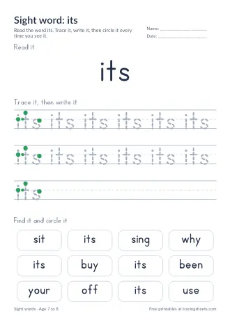 Preview of the sight word: its worksheet
