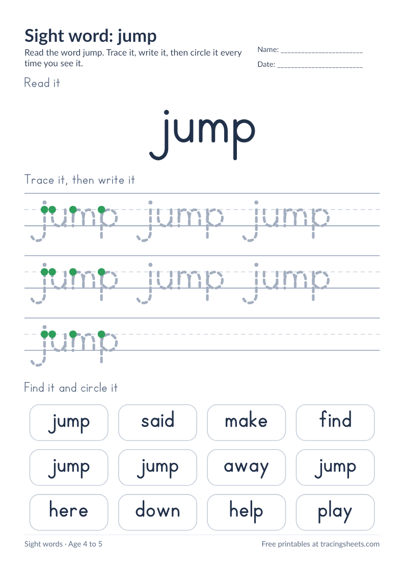 Preview of the printable sight word: jump worksheet