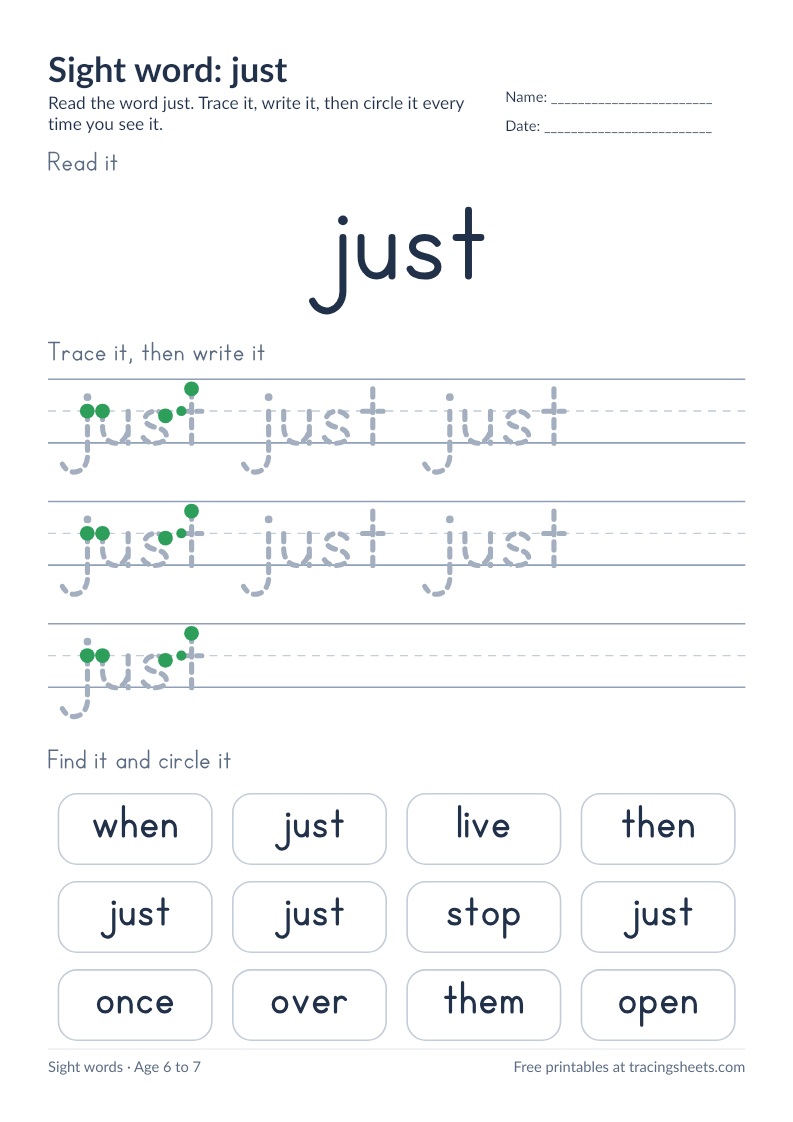 Preview of the printable sight word: just worksheet