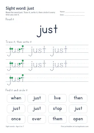Preview of the sight word: just worksheet