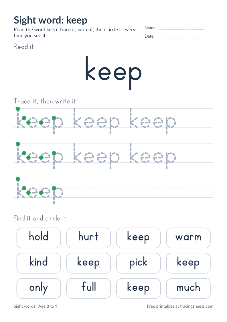 Preview of the printable sight word: keep worksheet