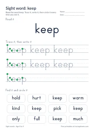 Preview of the sight word: keep worksheet
