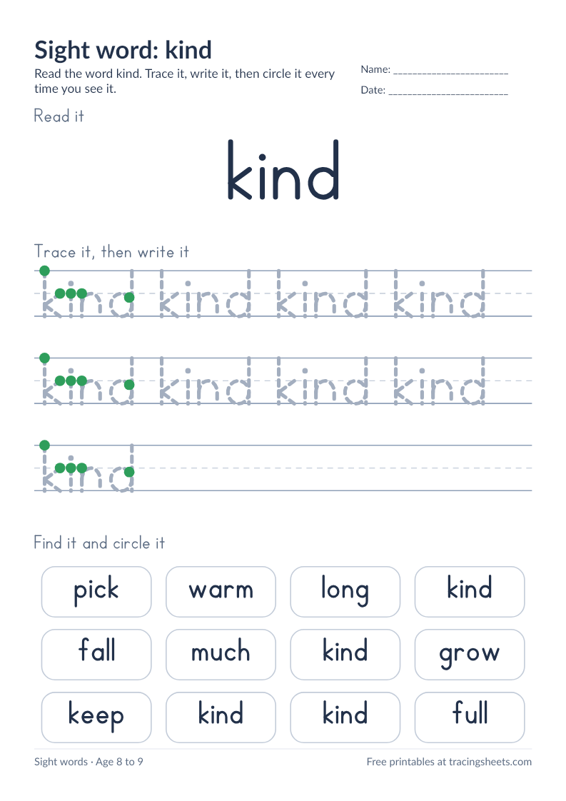 Preview of the printable sight word: kind worksheet