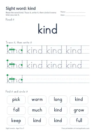 Preview of the sight word: kind worksheet