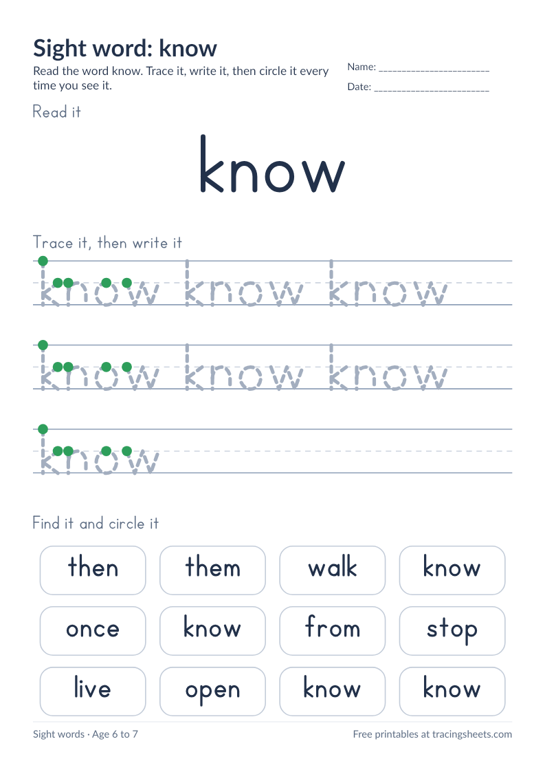 Preview of the printable sight word: know worksheet