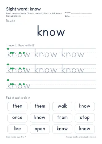 Preview of the sight word: know worksheet