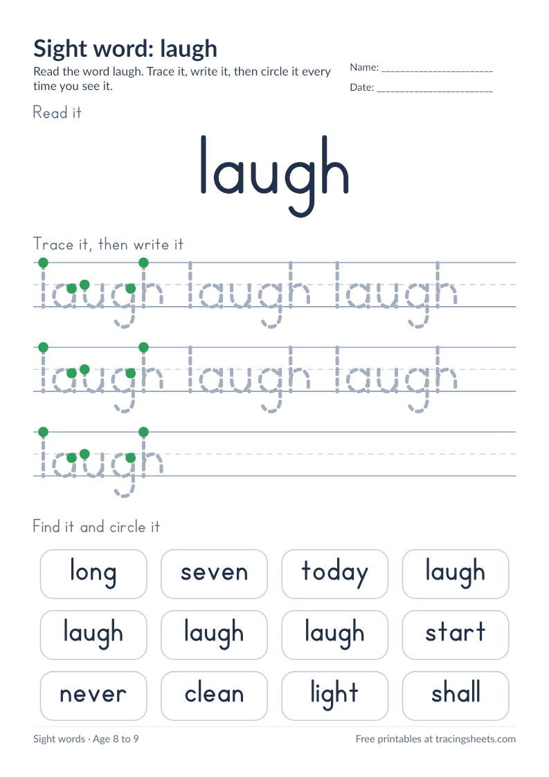 Preview of the printable sight word: laugh worksheet