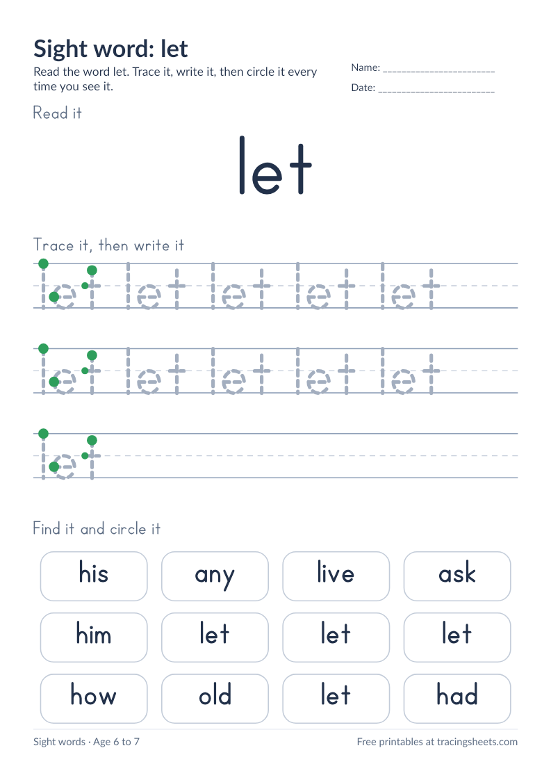 Preview of the printable sight word: let worksheet