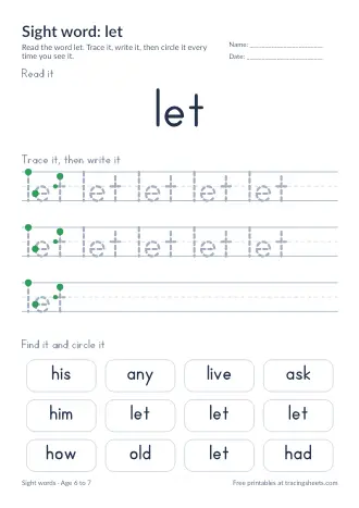 Preview of the sight word: let worksheet