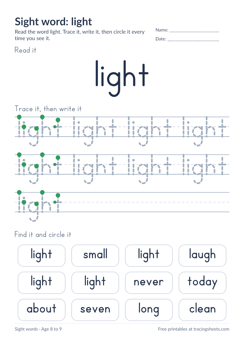 Preview of the printable sight word: light worksheet
