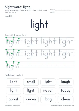 Preview of the sight word: light worksheet