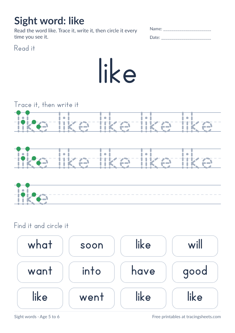 Preview of the printable sight word: like worksheet