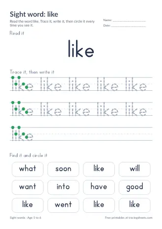 Preview of the sight word: like worksheet