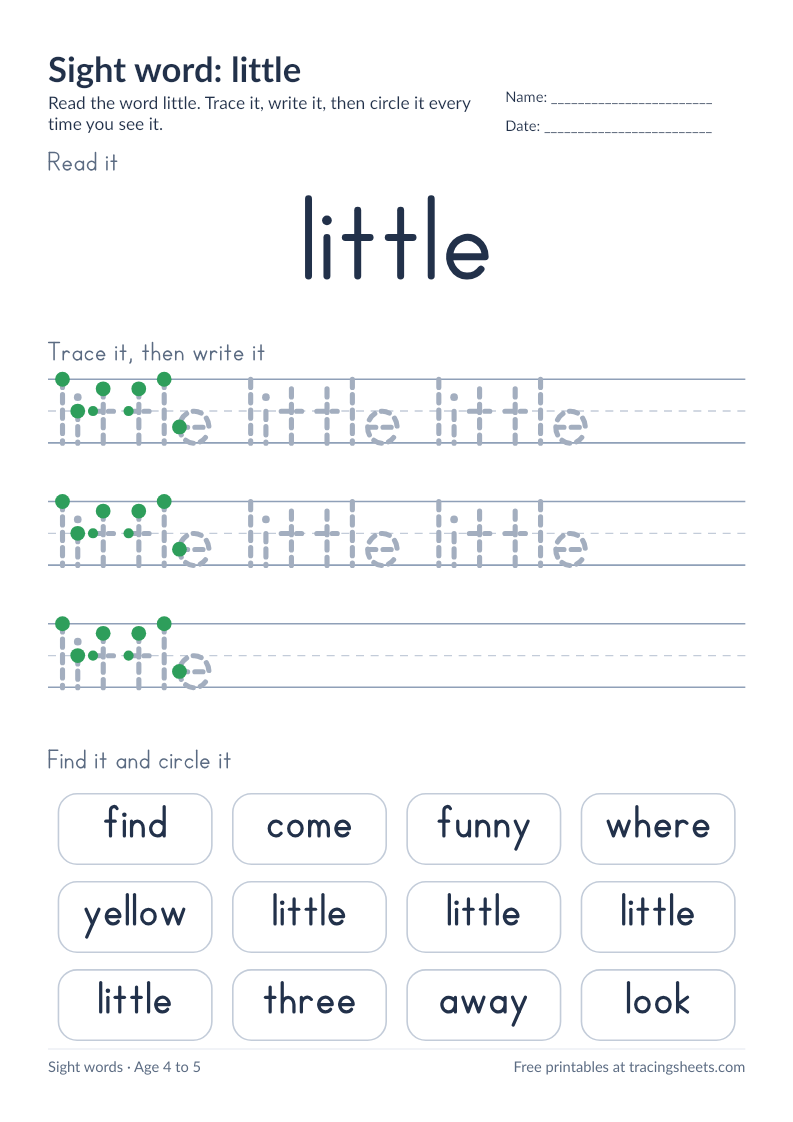 Preview of the printable sight word: little worksheet