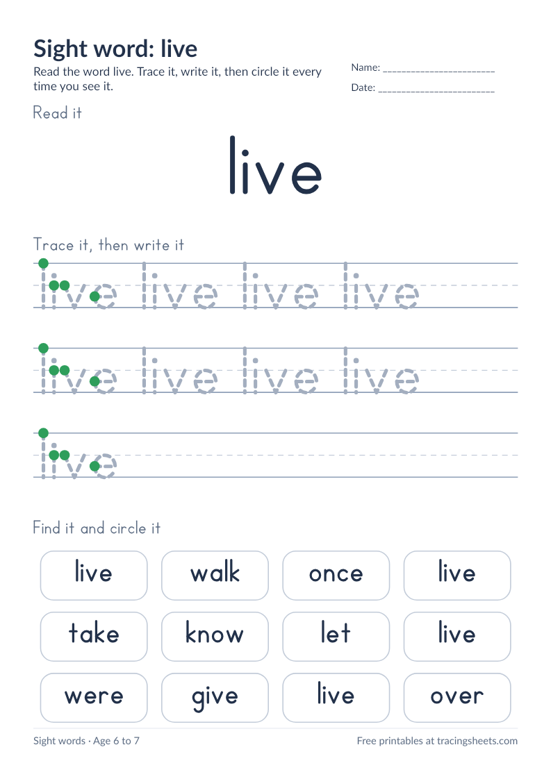 Preview of the printable sight word: live worksheet