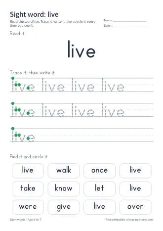 Preview of the sight word: live worksheet
