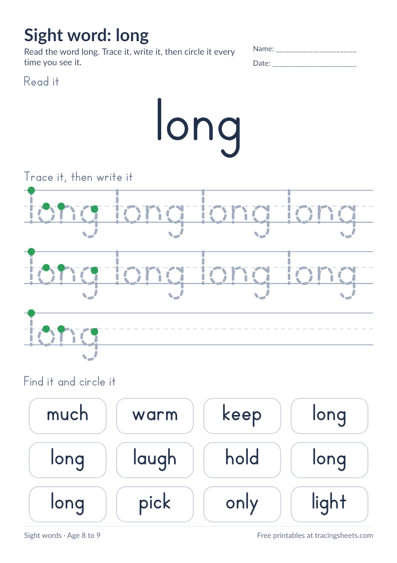 Preview of the printable sight word: long worksheet