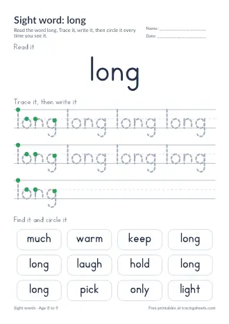 Preview of the sight word: long worksheet