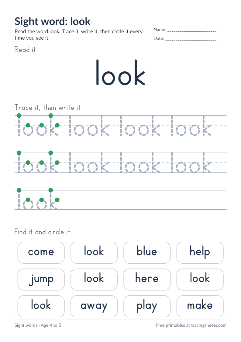 Preview of the printable sight word: look worksheet