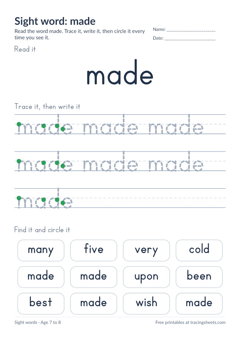 Preview of the printable sight word: made worksheet