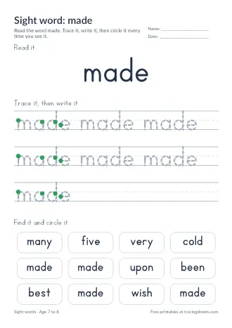 Preview of the sight word: made worksheet