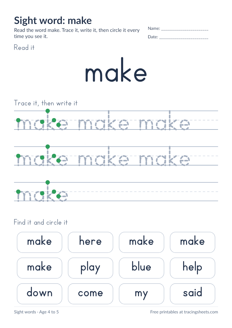 Preview of the printable sight word: make worksheet