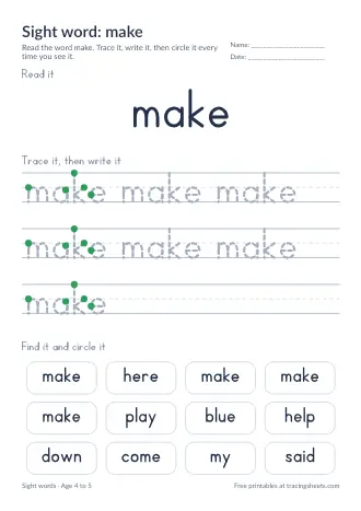 Preview of the sight word: make worksheet