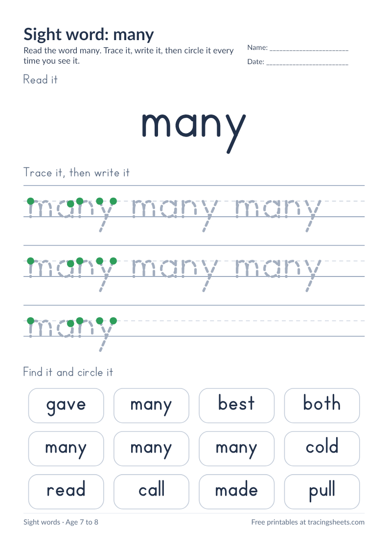 Preview of the printable sight word: many worksheet