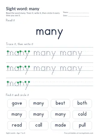 Preview of the sight word: many worksheet