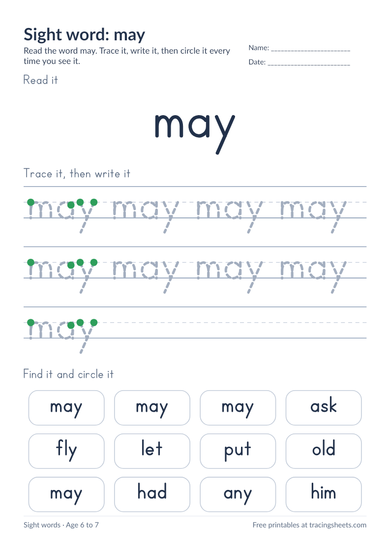Preview of the printable sight word: may worksheet