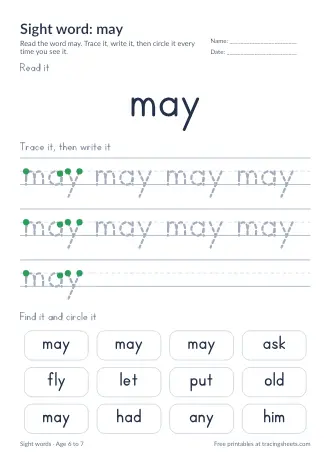 Preview of the sight word: may worksheet