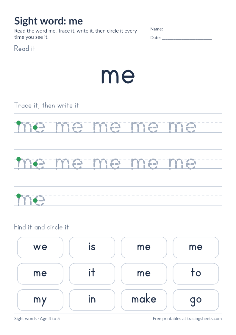 Preview of the printable sight word: me worksheet