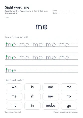 Preview of the sight word: me worksheet