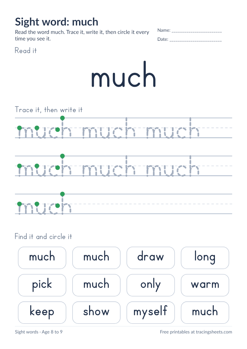 Preview of the printable sight word: much worksheet