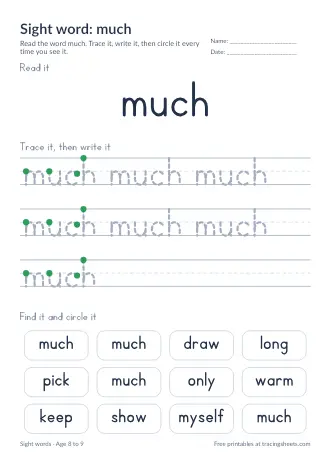 Preview of the sight word: much worksheet