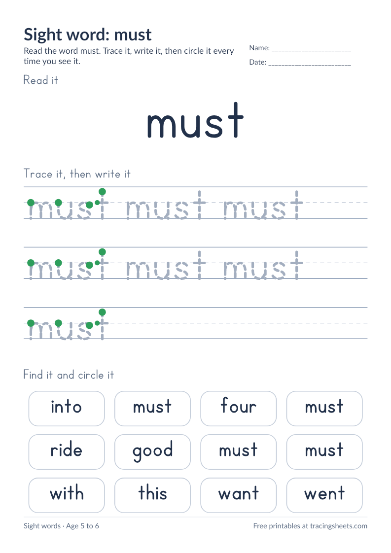 Preview of the printable sight word: must worksheet