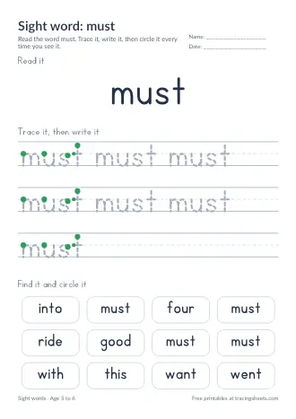 Preview of the sight word: must worksheet