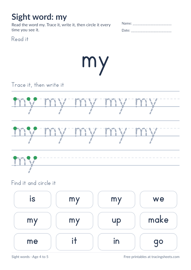 Preview of the printable sight word: my worksheet