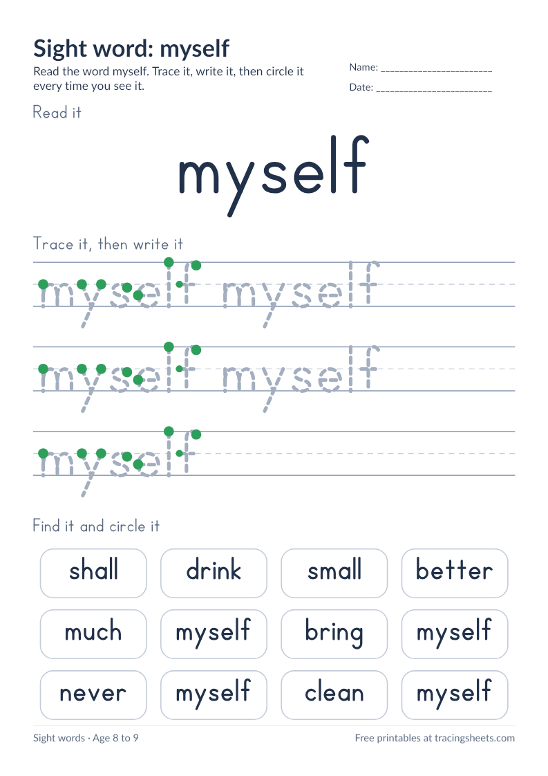 Preview of the printable sight word: myself worksheet