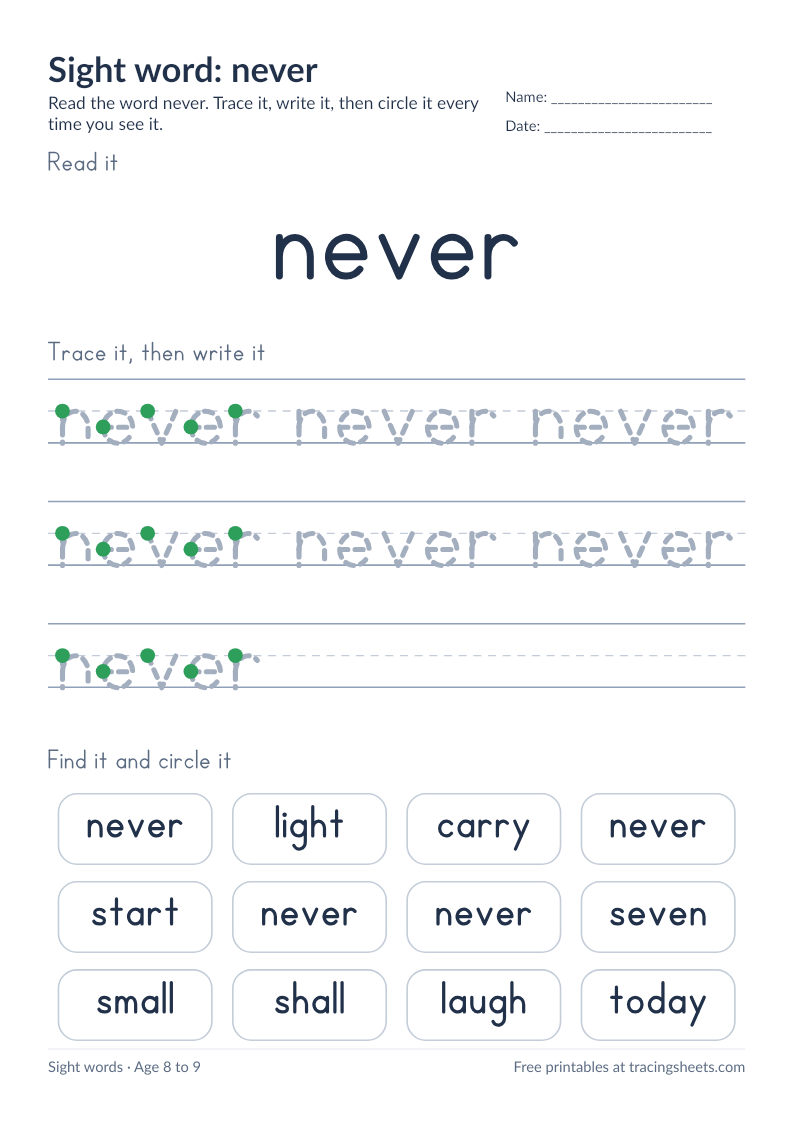 Preview of the printable sight word: never worksheet