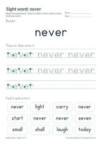 Preview of the sight word: never worksheet